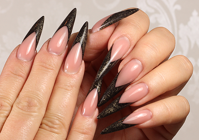 Stiletto nails, long almond nails, nails bed extension using Mereneid Sari products